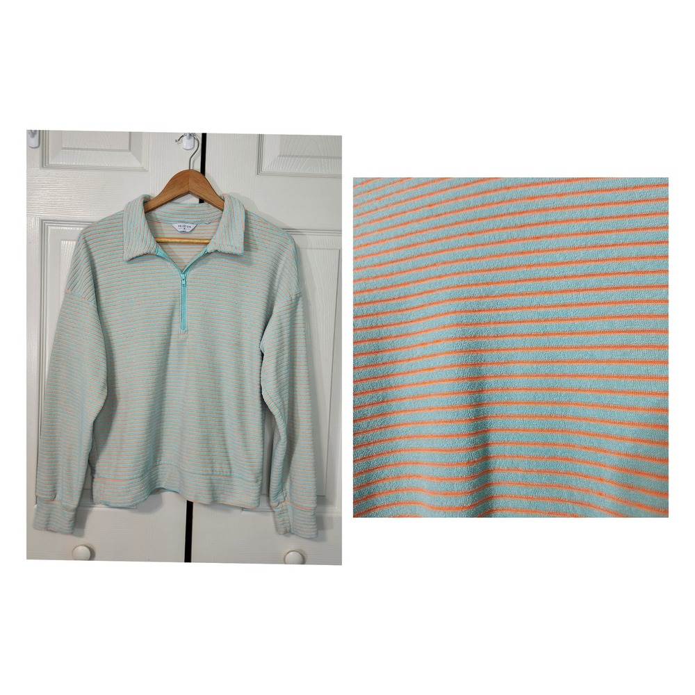 Peloton Womens Medium Quarter Zip Pullover Terry Cloth Striped Blue Orange Sport